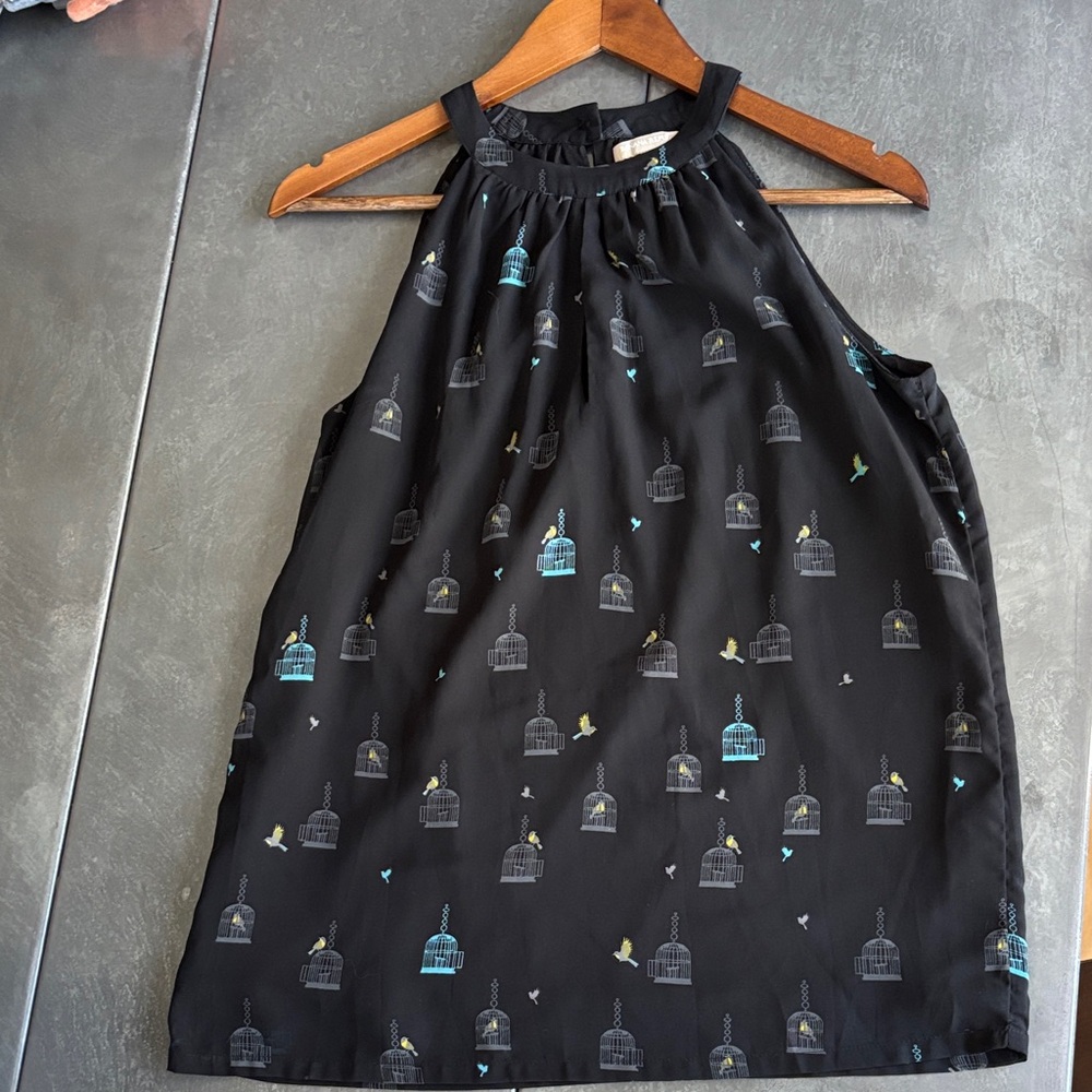 Banana Republic Black Halter Top with Teal and Yellow Bird Motif